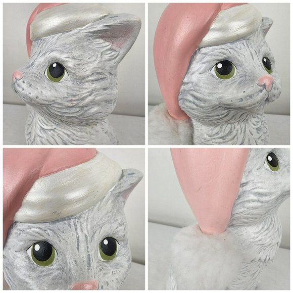 Vintage Christmas Santa Hat 8.5" Cat Kitten Kitty Ceramic Statuette Gray Cottage - Picture 6 of 9